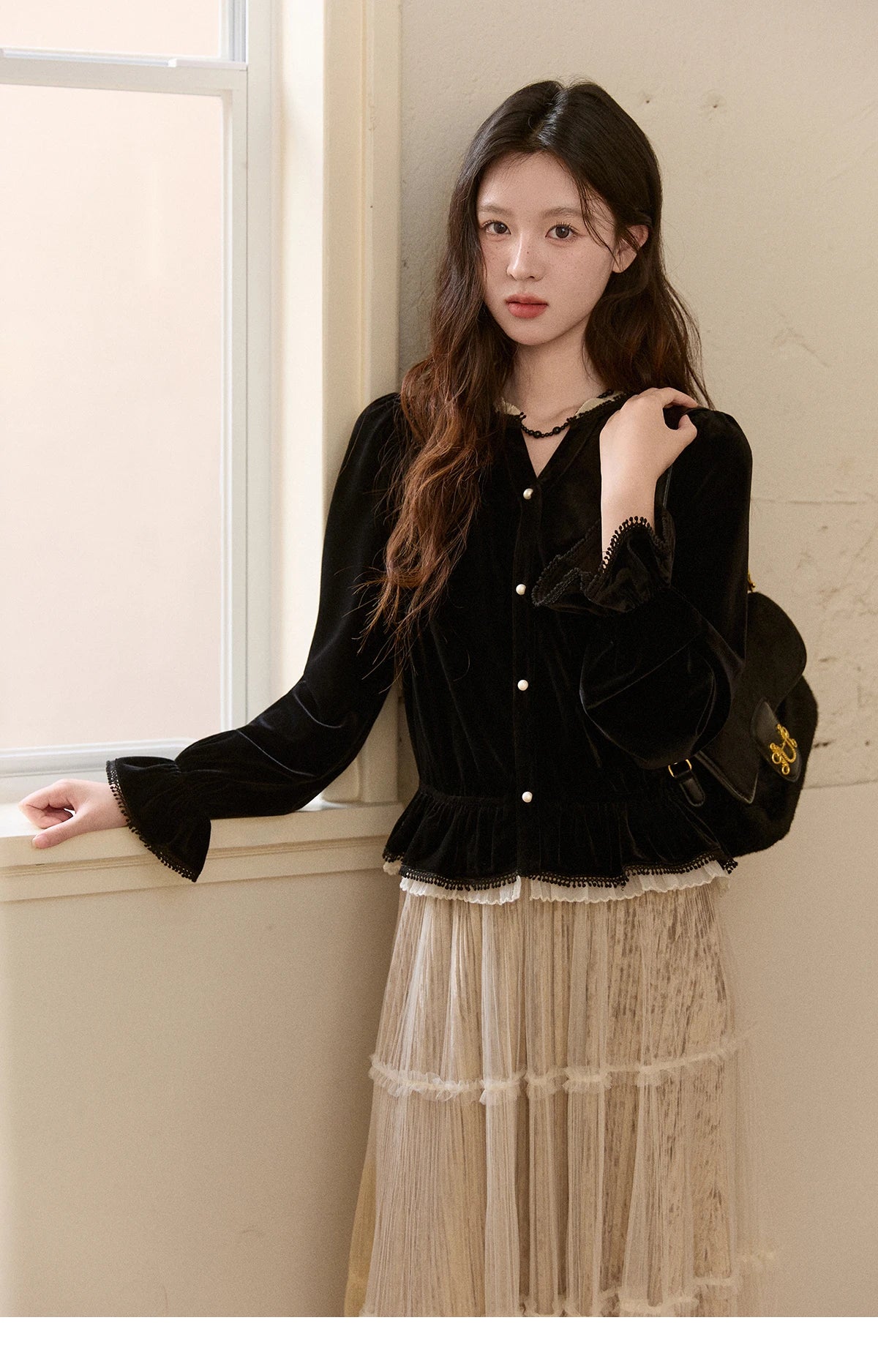 Mishow Black Velvet Lace Pearl Button Puff Sleeve Shirt MXE94X2516
