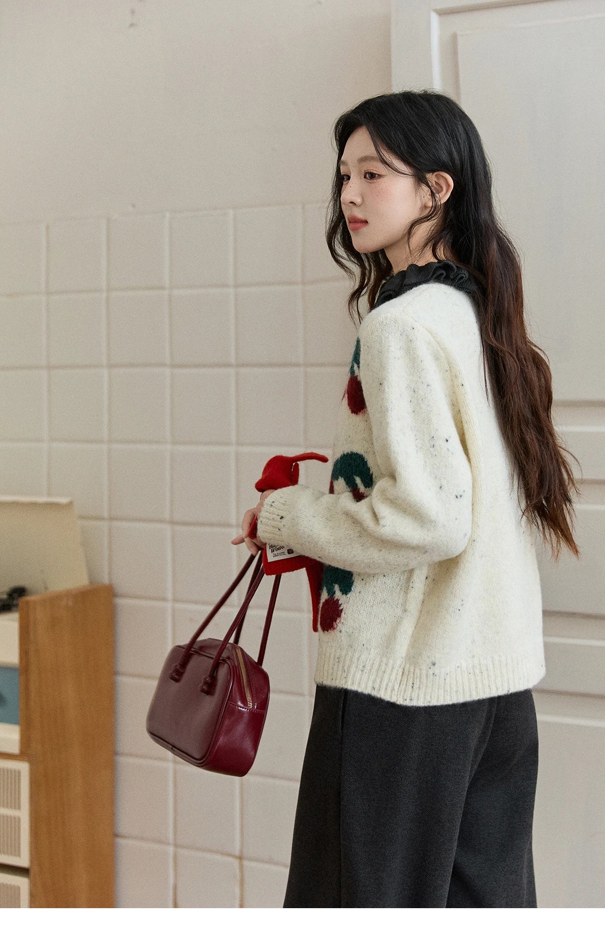 Mishow Cherry Jacquard Flecked Drop Shoulder Cardigan MXE91Z2837