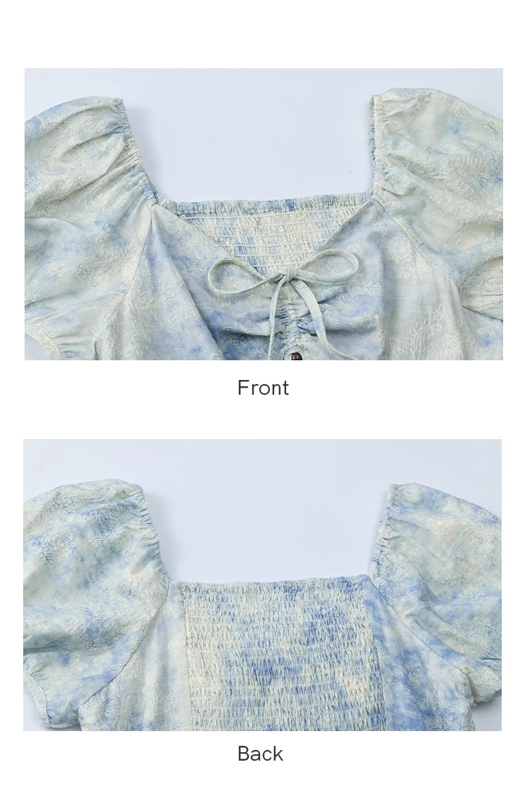 Mishow V-Neck Lace-Up Puff Sleeve Flower Dress MXE38L2379