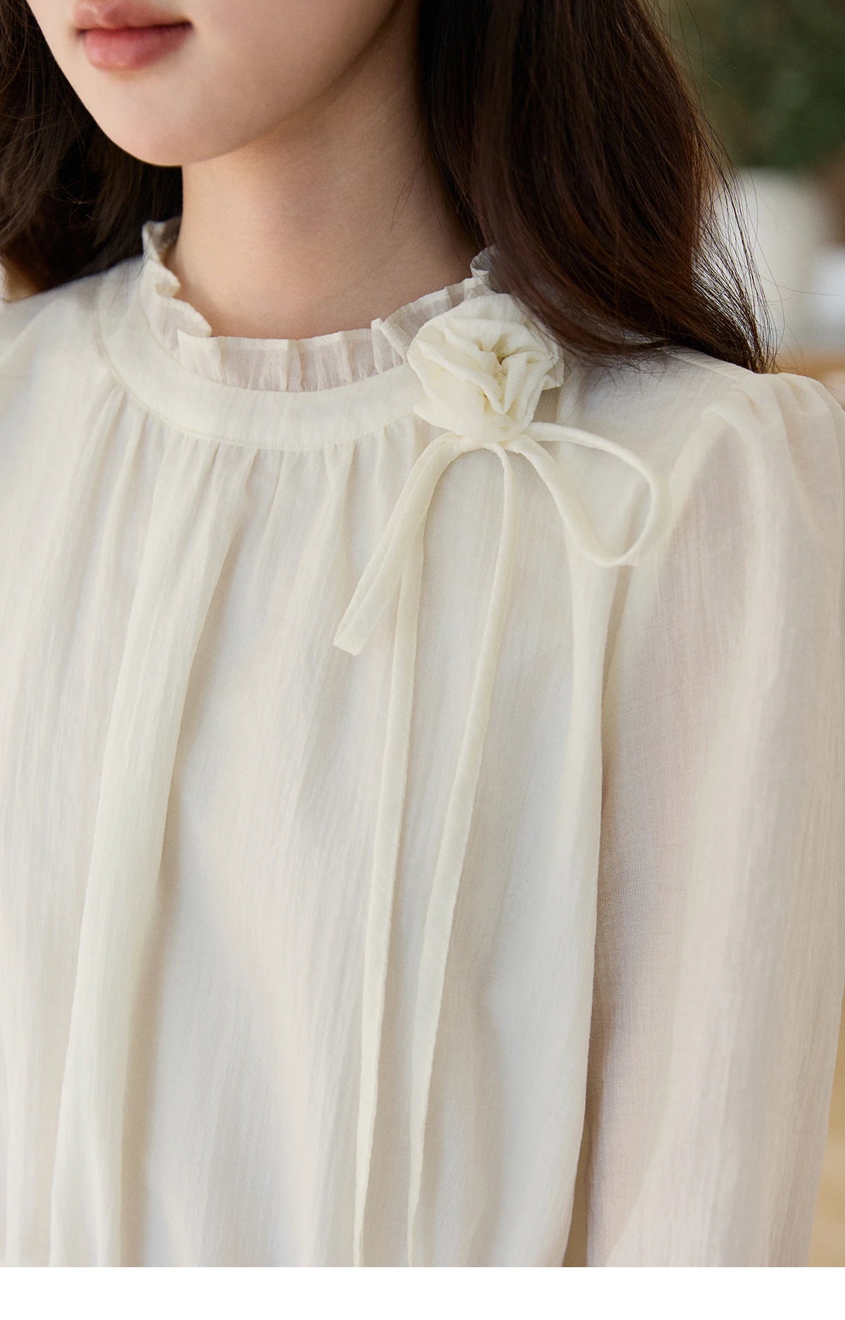 MISHOW Ruffled Stand Collar Blouse Drawstring Waist Puff Sleeve MXF11C2428