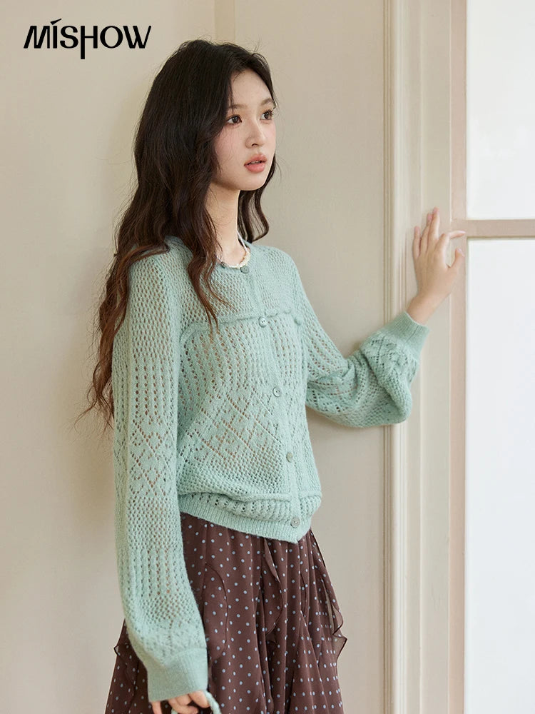 Mishow Mint Green Crew Neck Hollow Cardigan MXF108Z1046