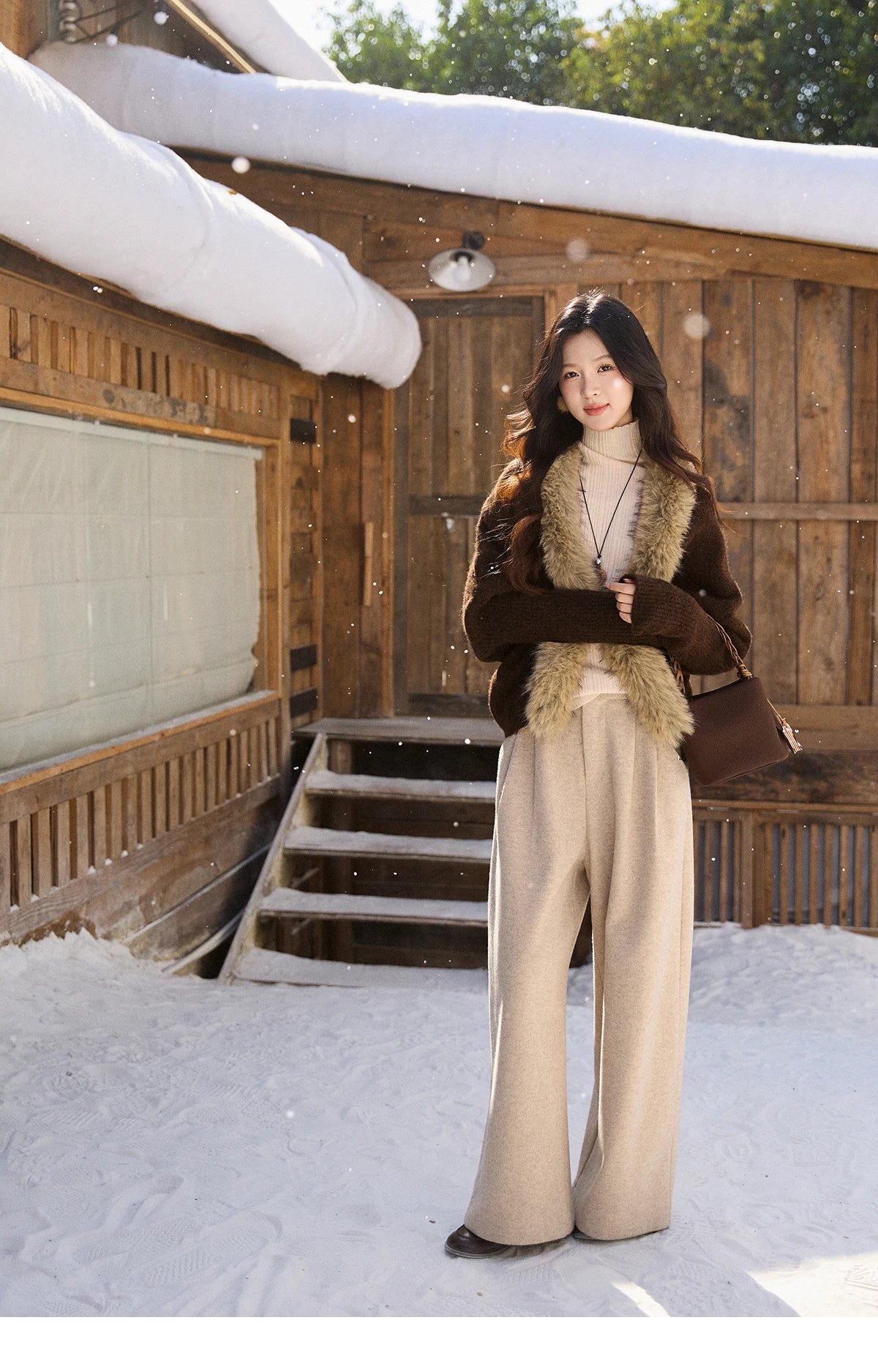 MISHOW Brown Knitted Cardigan Faux Fur Collar Batwing Sleeve MXE94Z2954