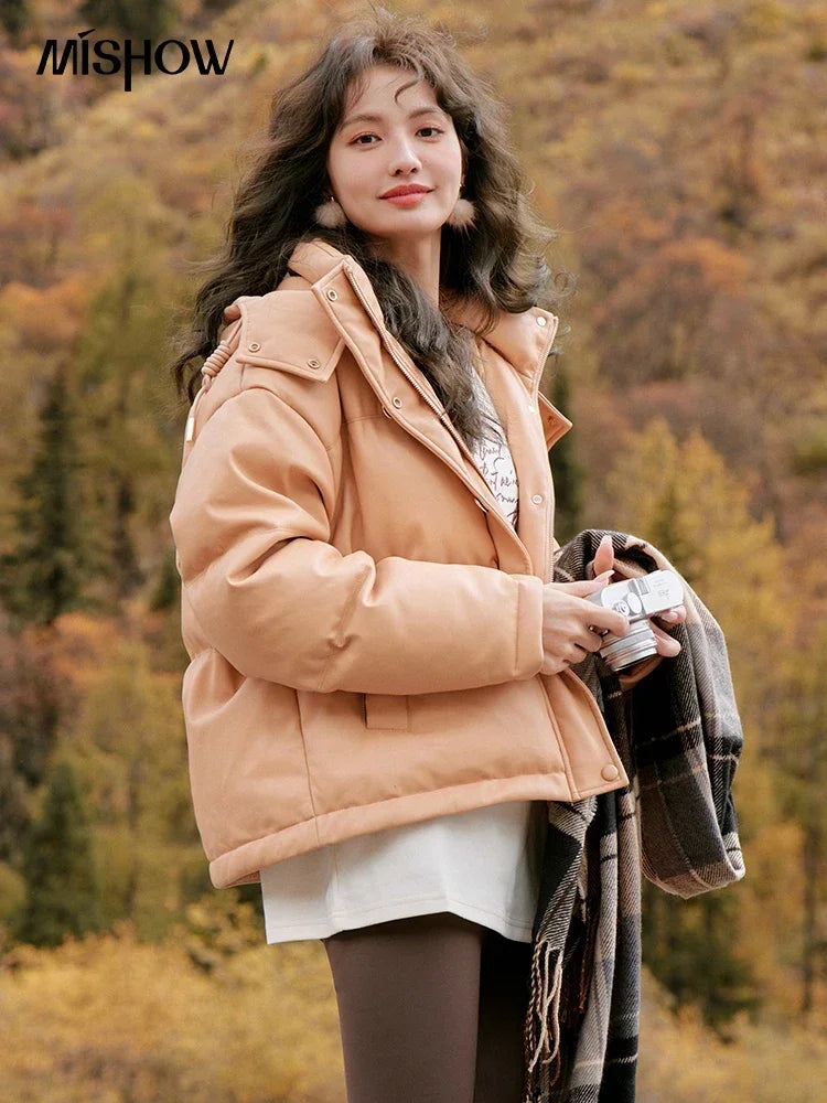 Mishow Hooded Imitation Leather Short Down Jacket MXC52Y0008