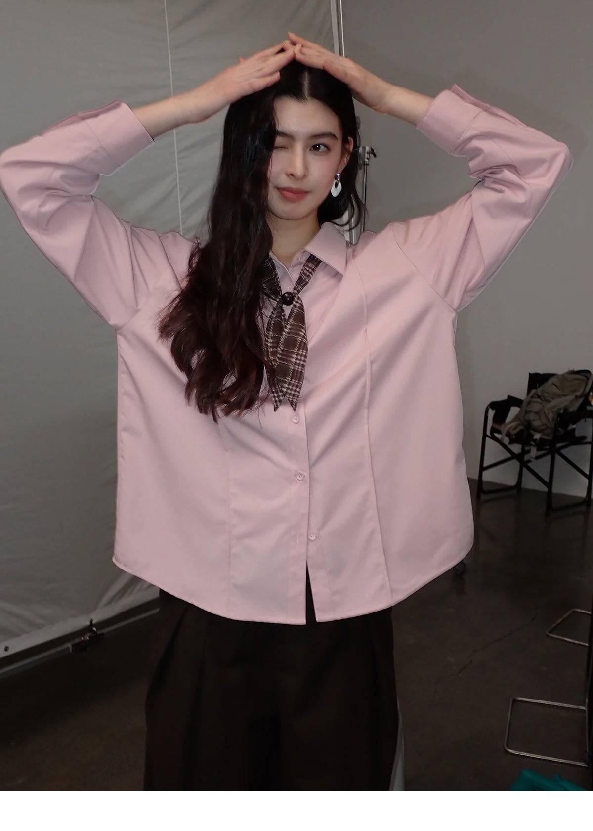 MISHOW Casual Loose Shirt with Plaid Scarf Lapel Top MXF108C0815
