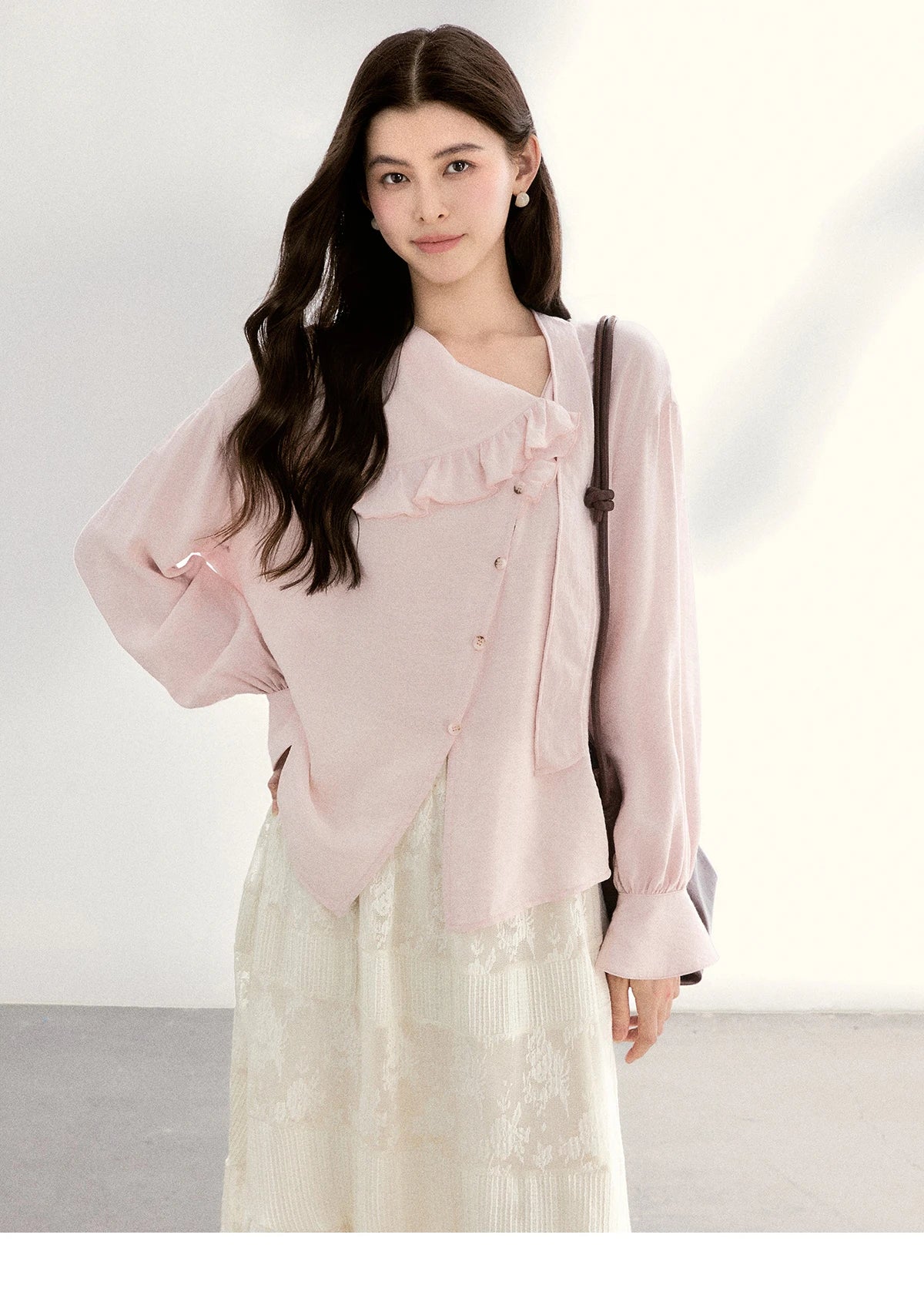 MISHOW Pink Asymmetrical Ruffled Collar Blouse Puff Sleeve MXF11X2520