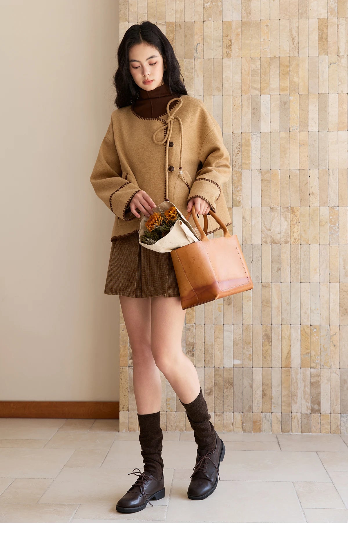 MISHOW Khaki Asymmetrical Coat Shell Flower Embroidery Lace-Up MXE49W0854