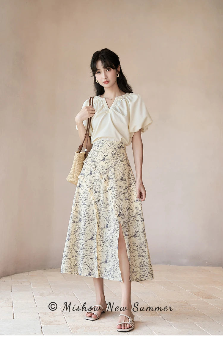 MISHOW Retro Floral Midi Skirt Side Split High Waist Elastic MXC37B0044