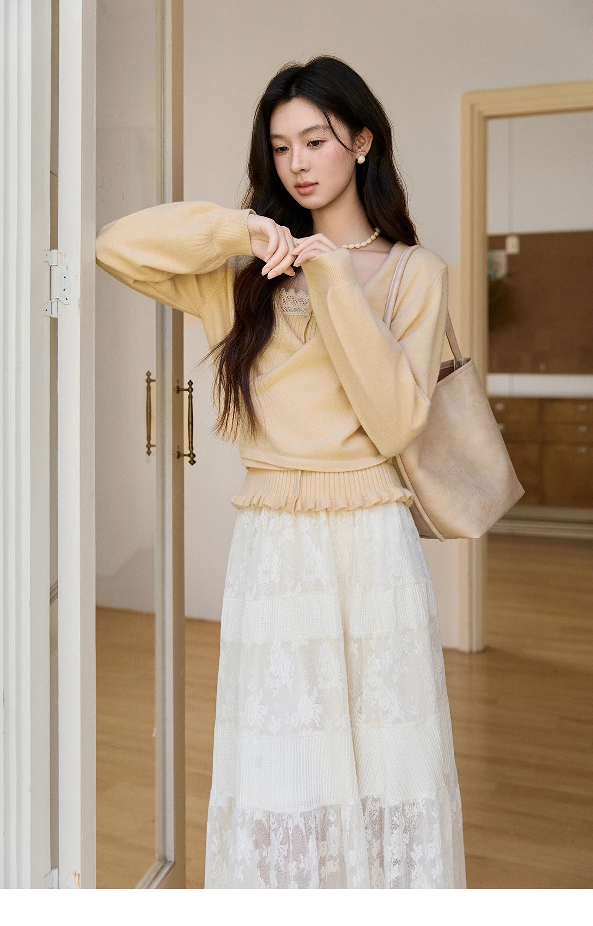 Mishow Yellow Ruffled Camisole & Lace Cardigan Set MXF11T1472