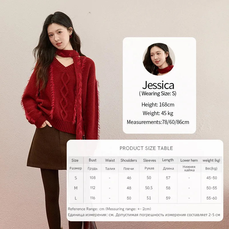 Mishow Burgundy Christmas Mink Fur Tassel Sweater MXE93Z2809