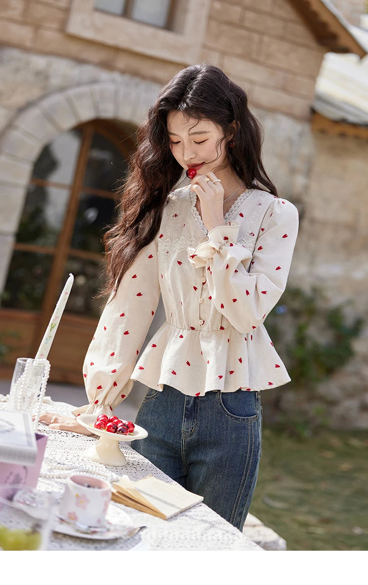 MISHOW Love Embroidered V-Neck Blouse Waist Ruffle MXE13X1700