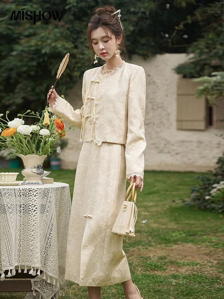 Mishow Chinese Lace Edge Jacket & Front Split Midi Skirt Set MXD15W0370