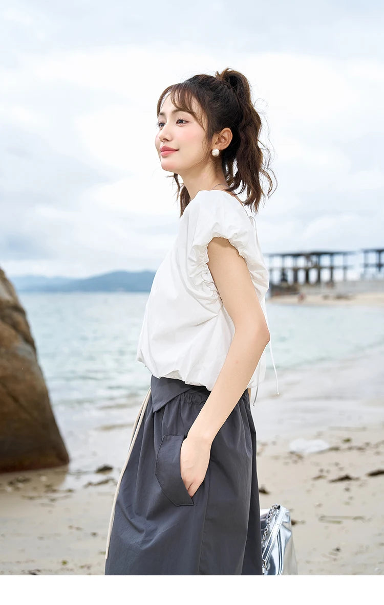 MISHOW French Rear Collar Tie Blouse V-Neck Puff Sleeve MXC38X1275