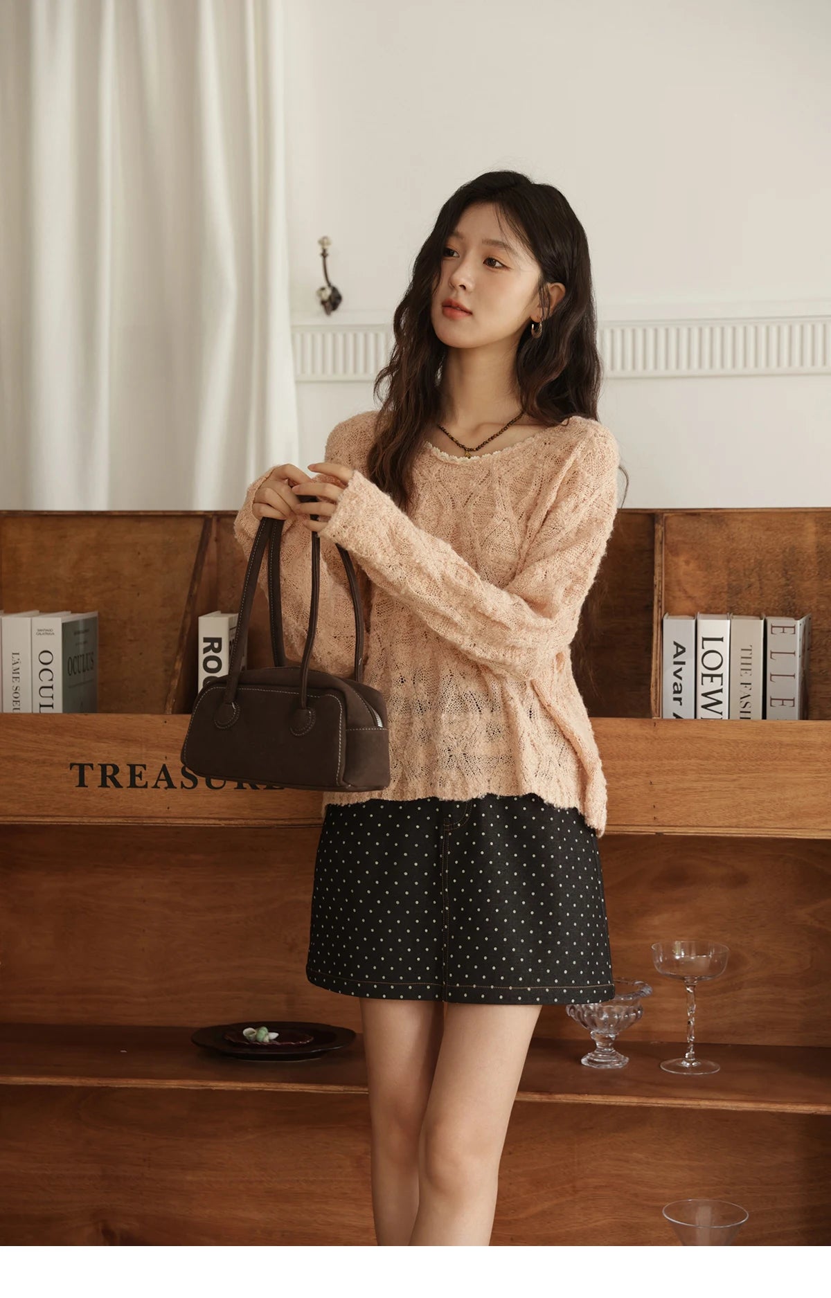 Mishow Bamboo Loop Yarn Hollow V-Neck Lace Sweater MXE43Z1349