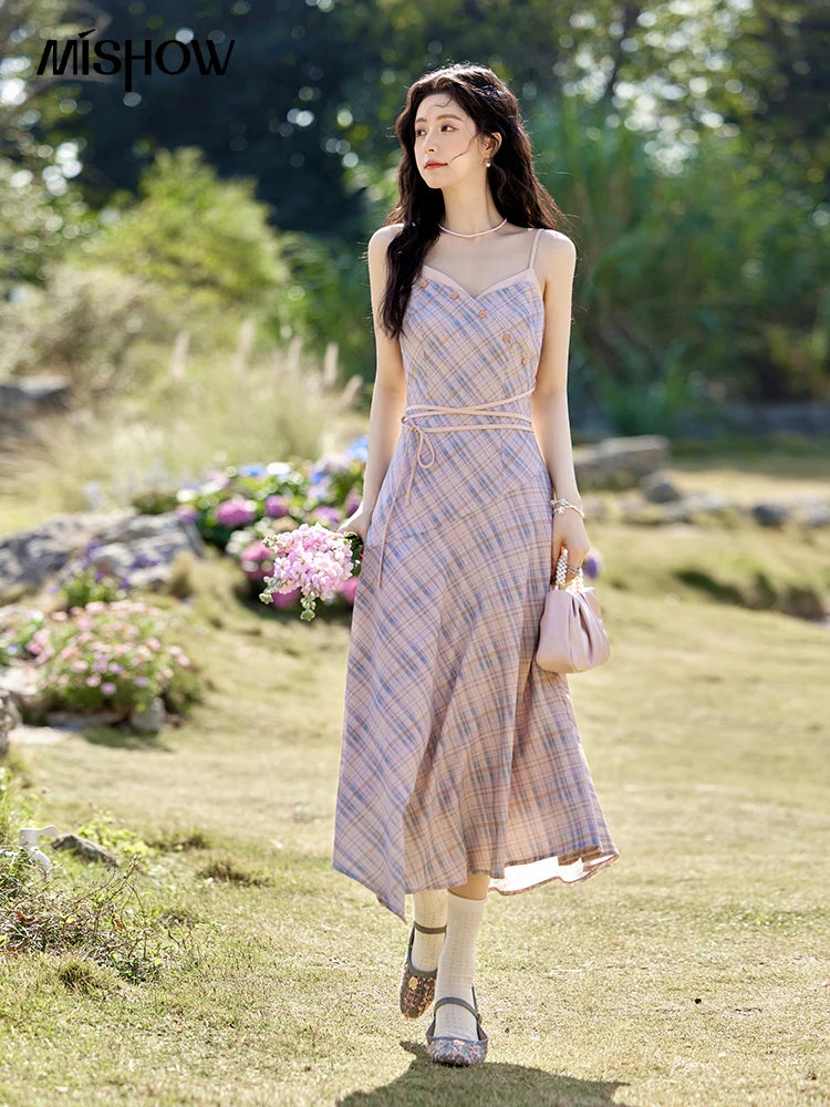 Mishow French Plaid V-Neck Lace-Up Camisole Dress MXE11L2088