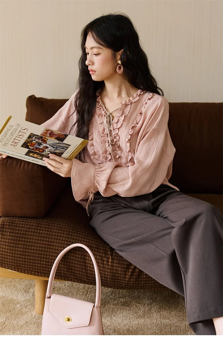 MISHOW Pink Blouse V-Neck Bubble Sleeve Fold Edge MXE45X2485