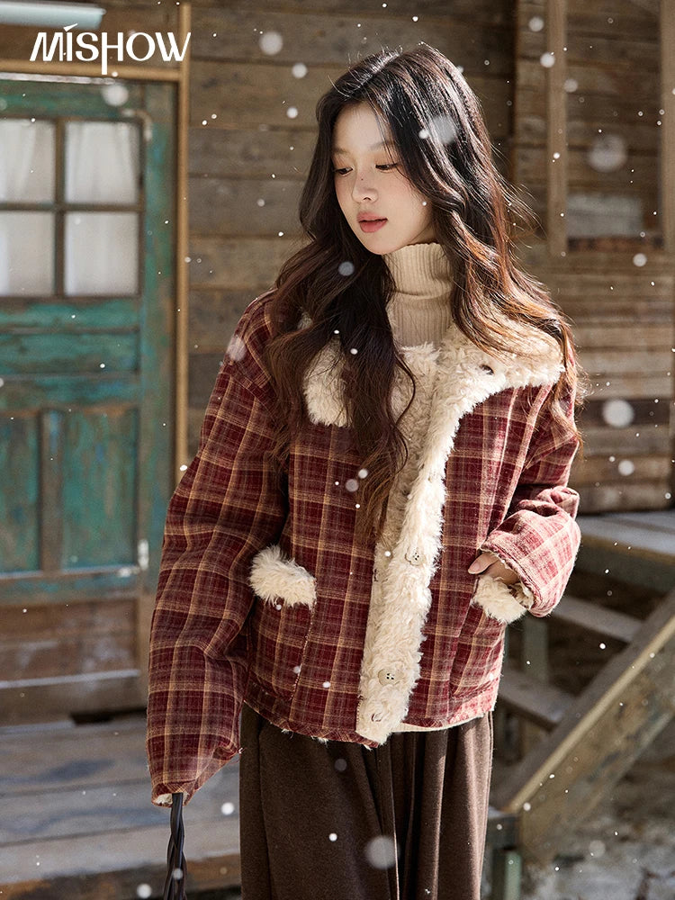 Mishow Reversible Red Plaid Lamb Wool Coat MXE93W1009