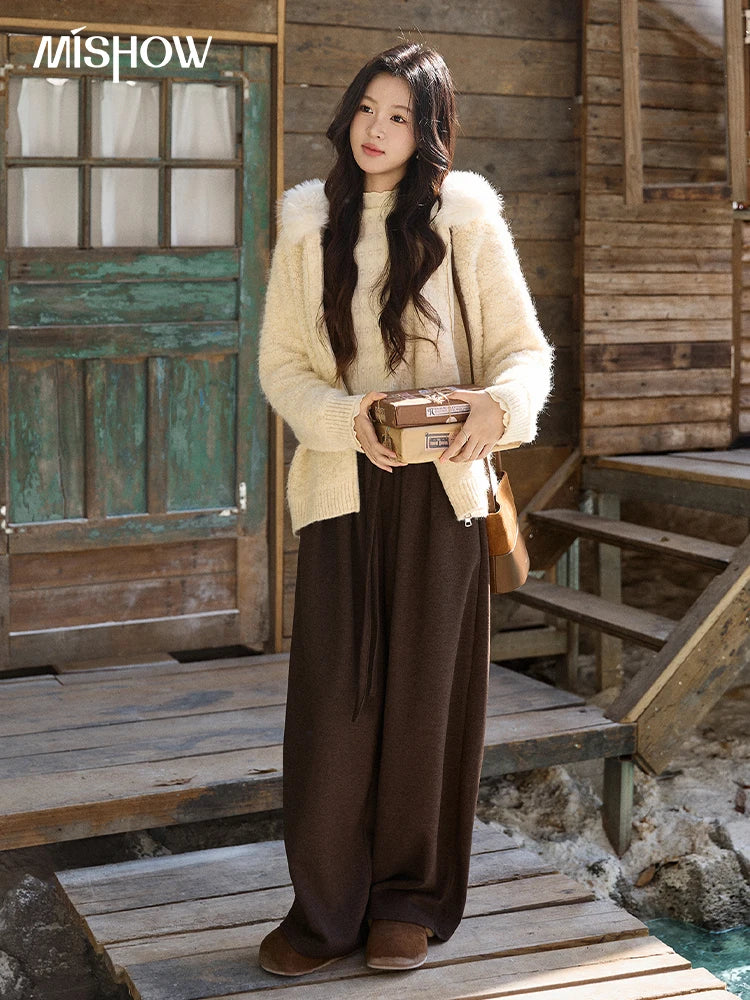 Mishow Beige Fur Hood Zipper Cardigan MXE94Z2963