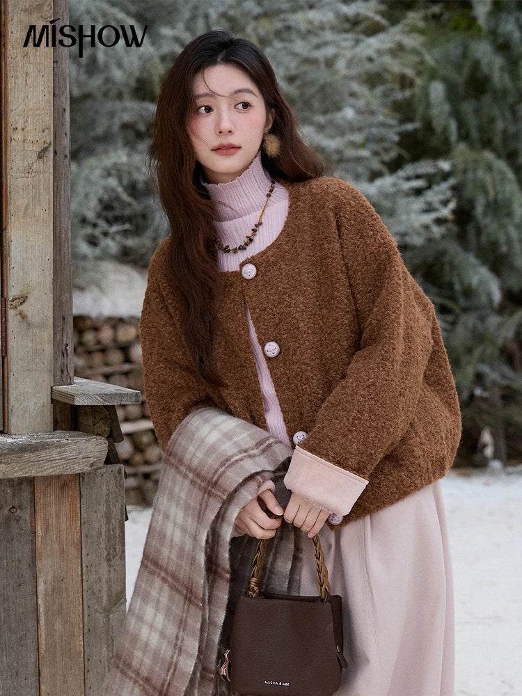 MISHOW Brown Wool Quilted Coat Round Neck Short Loose MXE87W0935