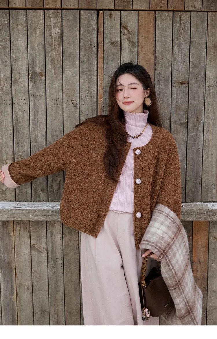 MISHOW Brown Wool Quilted Coat Round Neck Short Loose MXE87W0935