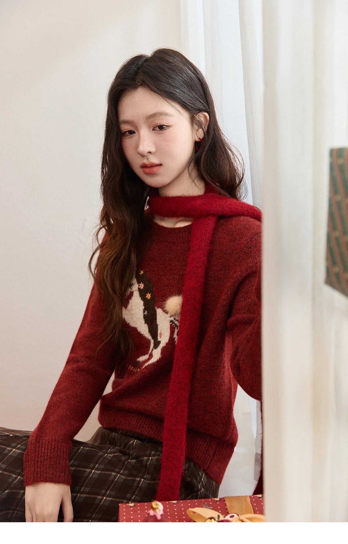 Mishow Christmas Red Jacquard Pony Sweater MXE94Z2861