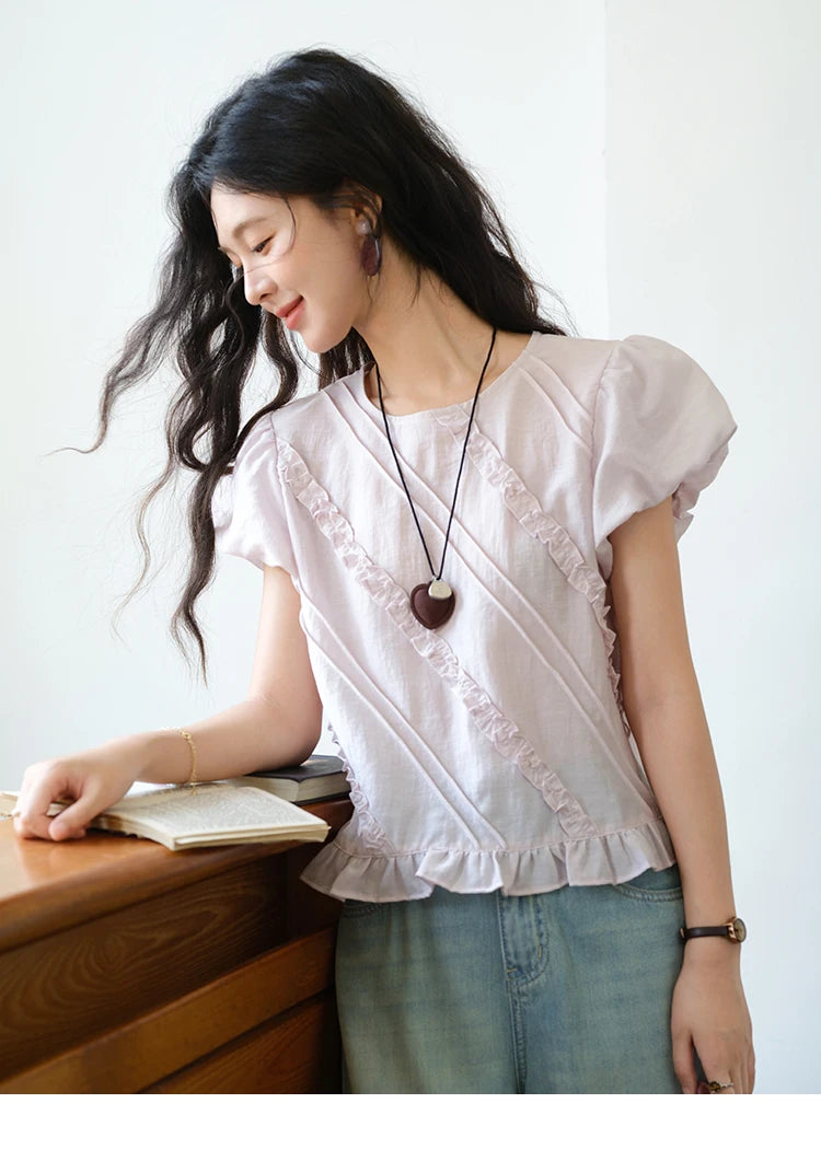 MISHOW Fungus Edge Puff Sleeve Blouse O-Neck Loose MXE39X1941