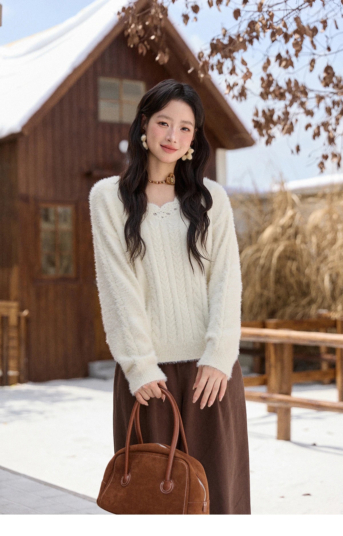 Mishow Apricot Soft V-Neck Cable Knit Pullover MXE51Z2594