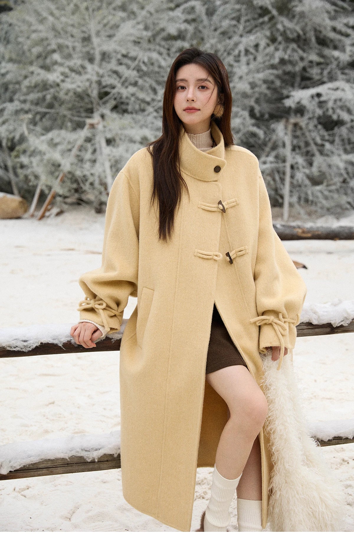 Mishow Yellow 100% Wool Double-Faced Turtleneck Coat MXE51W0902