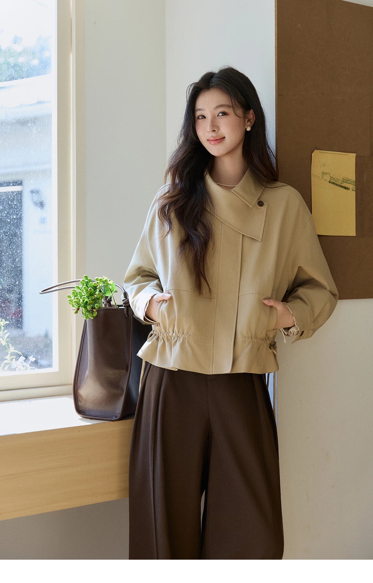 MISHOW Khaki Cropped Jacket Asymmetrical Collar Drawstring Waist MXF11W1029