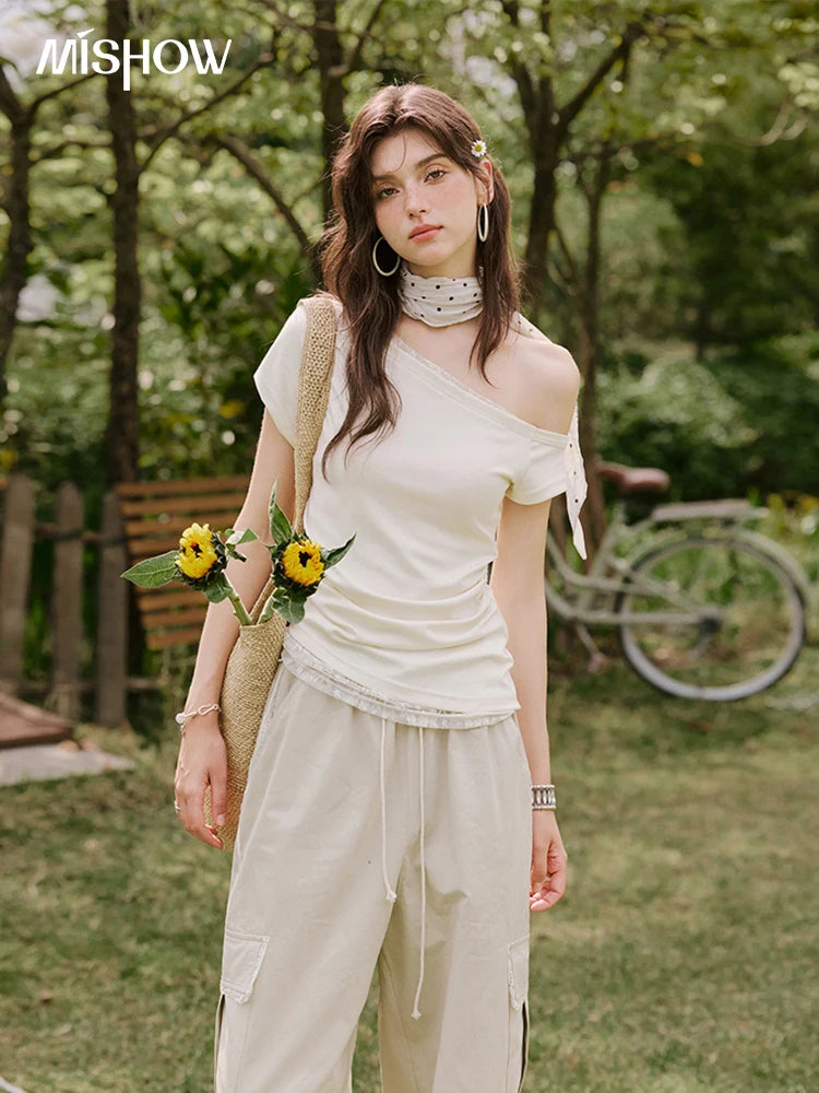 Mishow Skew Collar Off-Shoulder Lace Tee MXE31T0503
