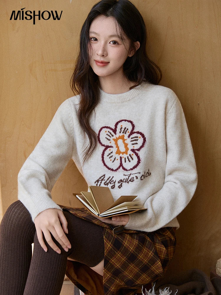 Mishow Beige Flower Pattern Letter Print Pullover MXE91Z2869