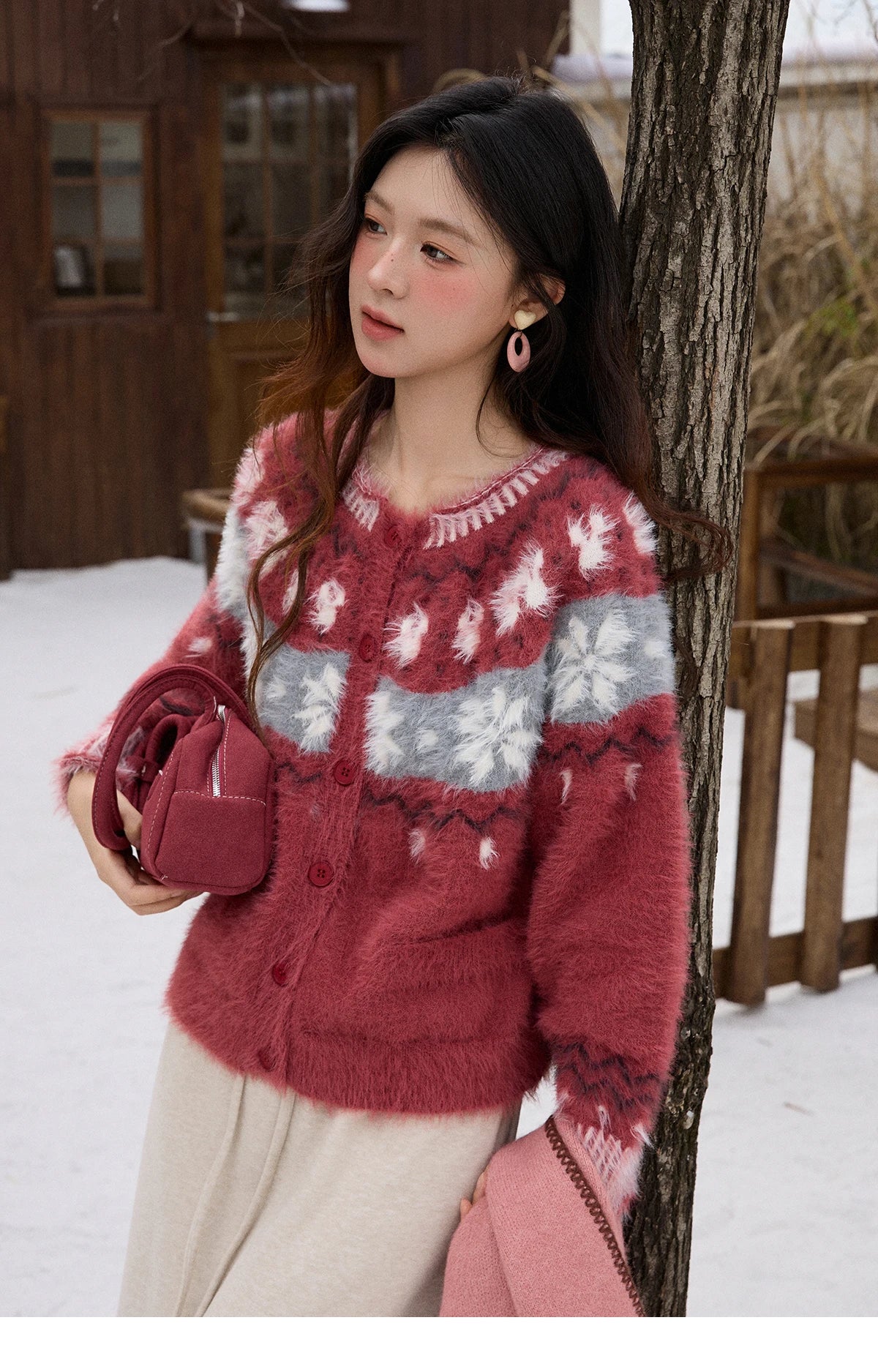 Mishow Red Imitation Mink Fur Snowflake Cardigan MXE91Z2801