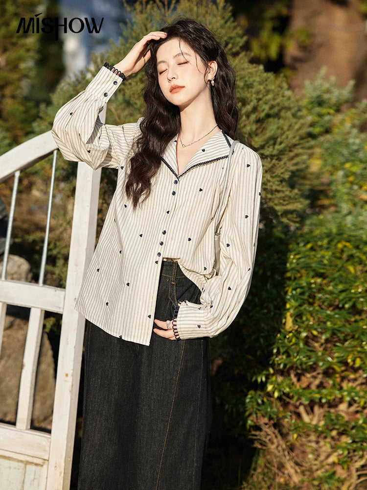 MISHOW Striped Bubble Sleeve Shirt Love Embroidered MXE12C0390