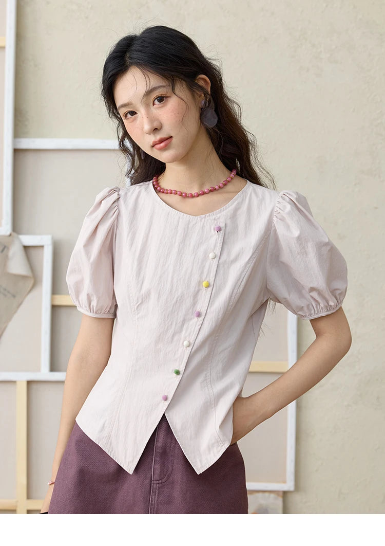 MISHOW Bubble Sleeve Blouse Irregular Placket Rainbow Buttons MXE34X1782