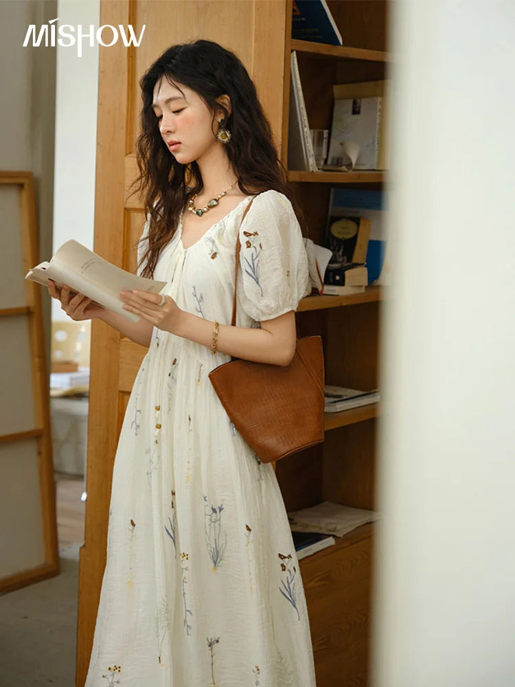 Mishow V-Neck Lace-Up Embroidery Vacation Dress MXE34L2284