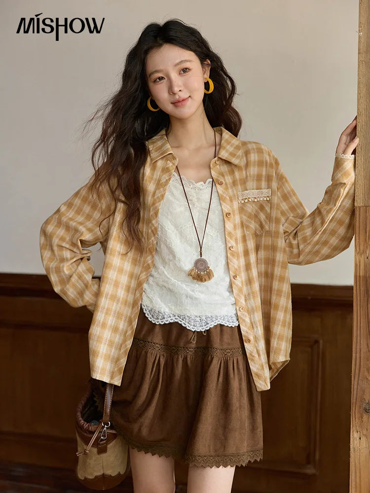 MISHOW Retro Plaid Shirt Lace Pocket Lapel Collar MXE43C2378