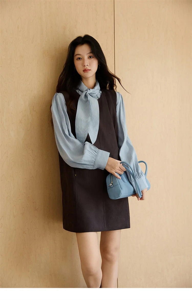 Mishow Light Blue Shirt & Brown Vest Skirt Suit MXE47T1408