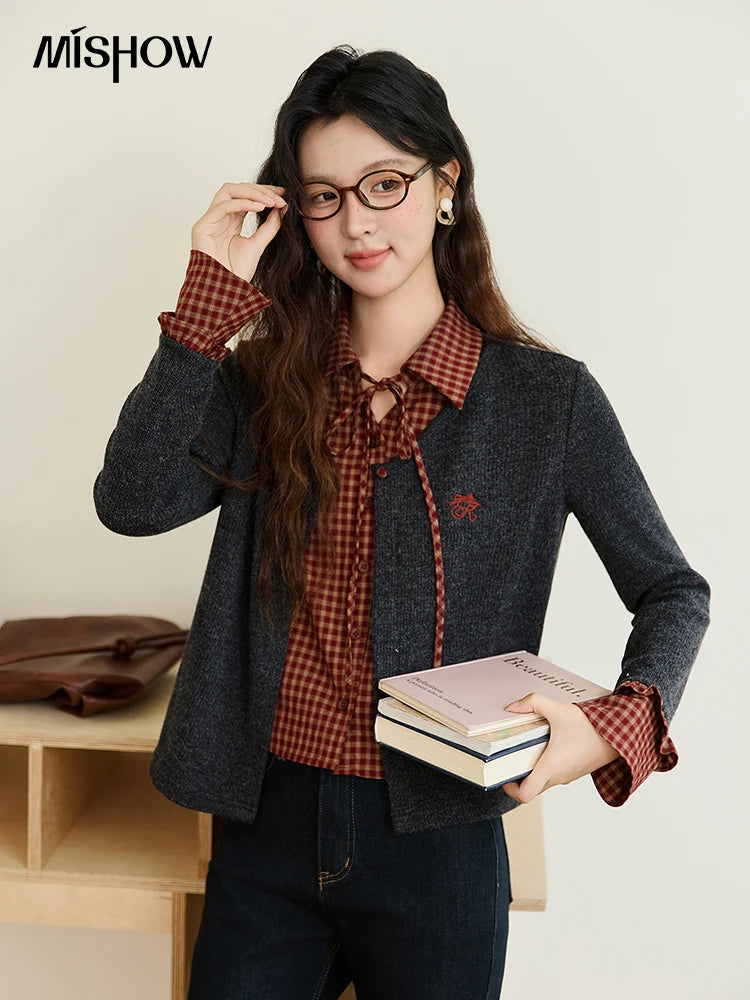 MISHOW Fake Two Knitted Sweater Plaid Splicing Flare Sleeve MXE45Z1401