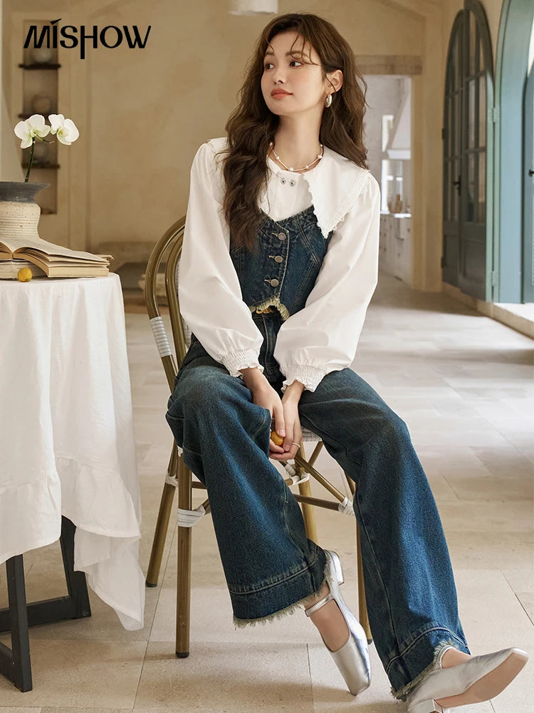 MISHOW Korean Doll Neck Shirt Lace Patchwork Bubble Sleeve Elastic Hem MXD12C0164