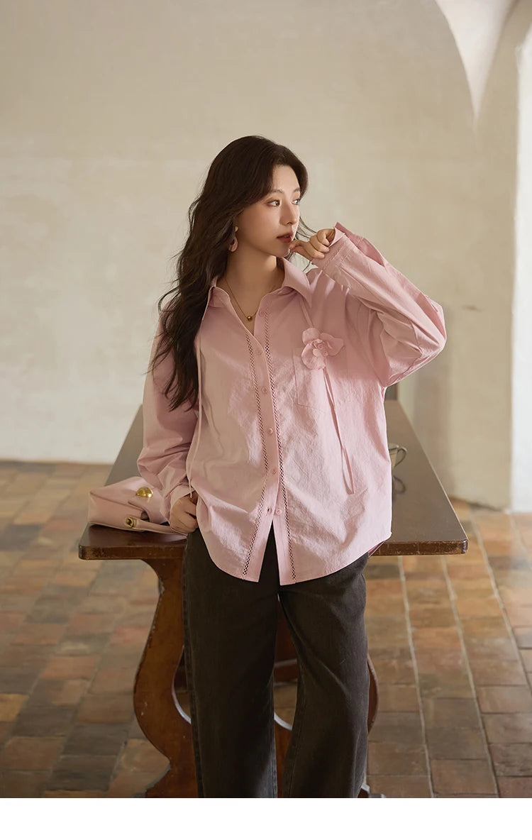 MISHOW Cotton Shirt Petal Ribbon Button Long Sleeve MXE41C2349