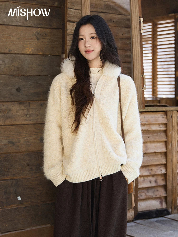 Mishow Beige Fur Hood Zipper Cardigan MXE94Z2963