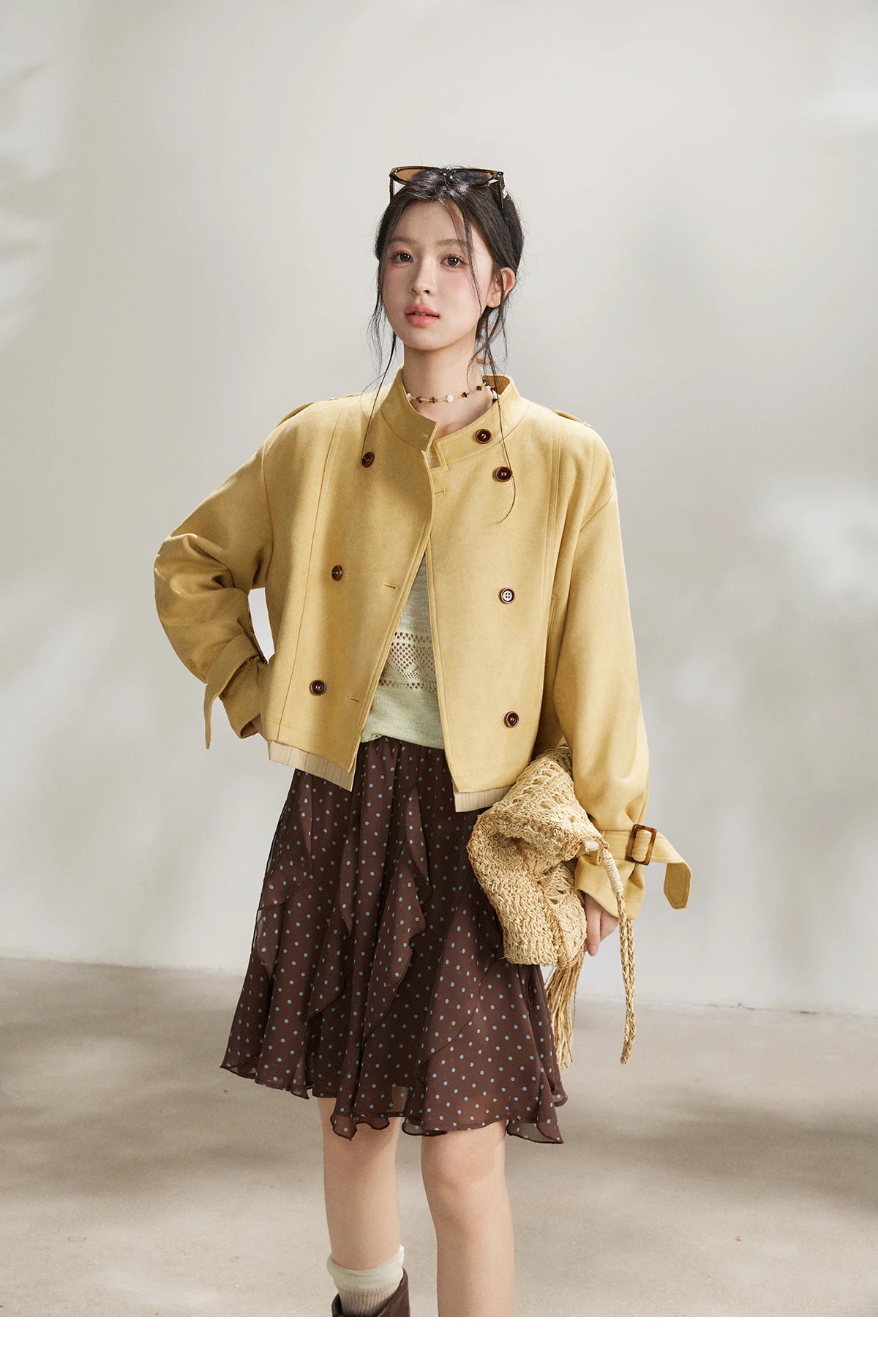 Mishow Yellow Double-Breasted Stand Collar Trench MXF11W1026