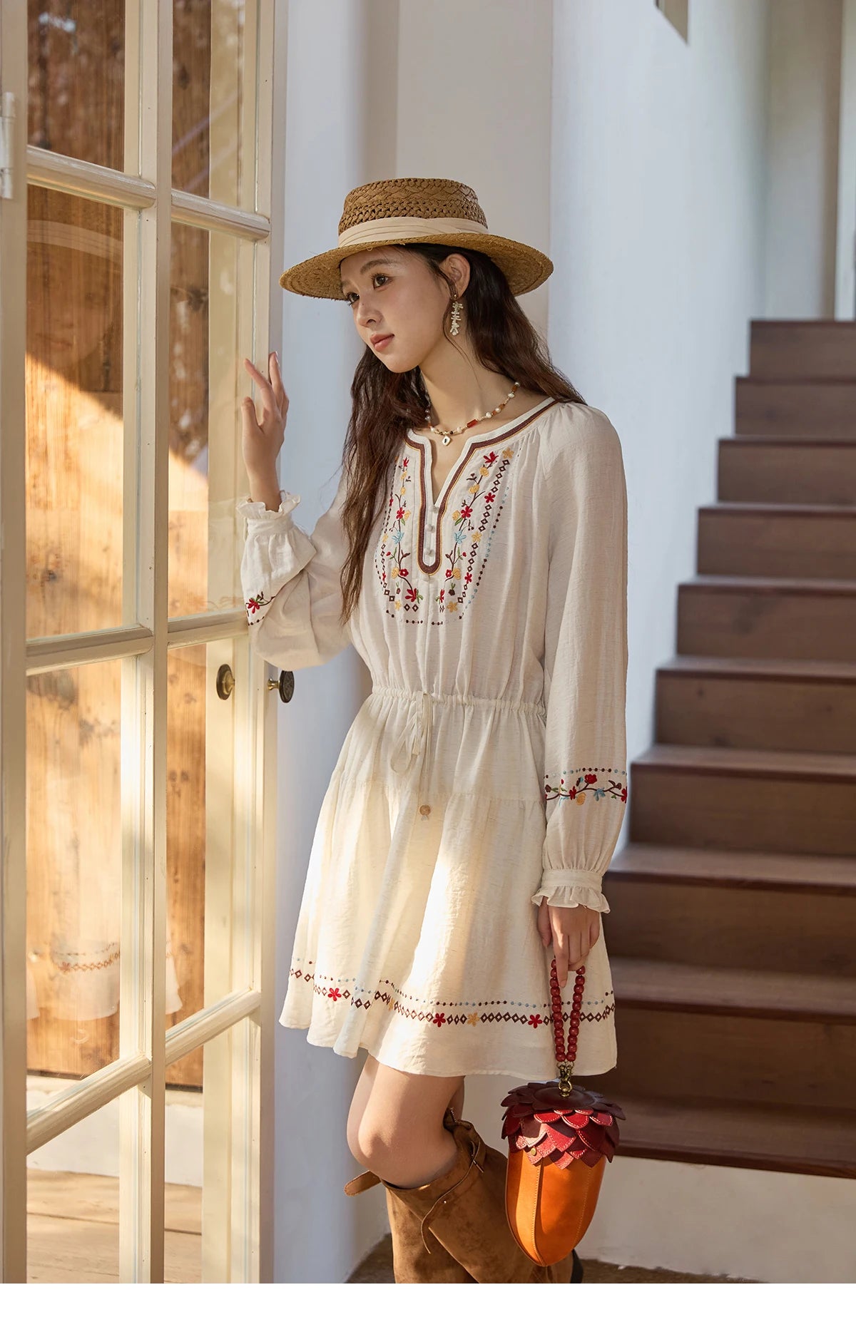 Mishow V-Neck Embroidered Drawstring Bohemian Dress MXE44L2489