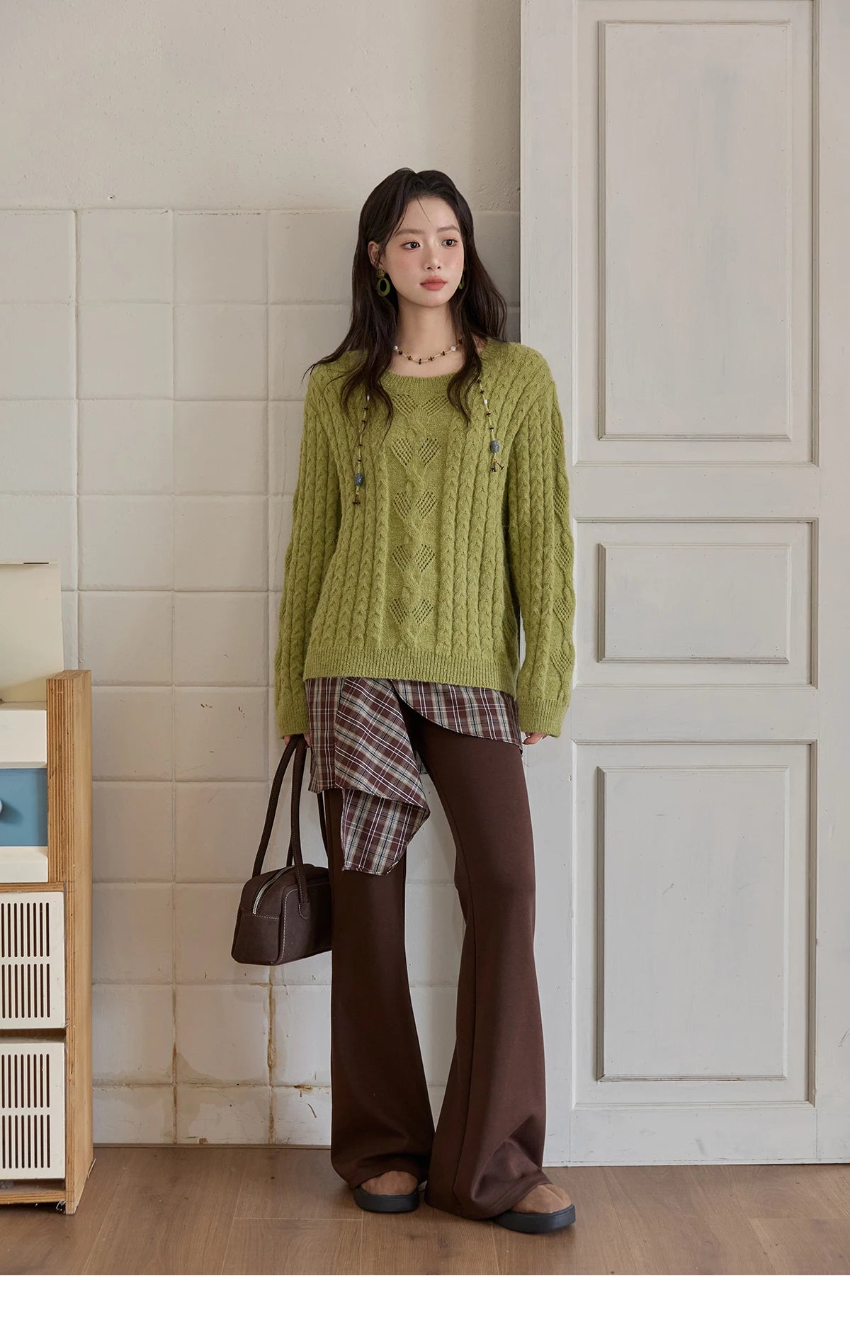 Mishow Green Retro Twisted Rope Hollow Pullover MXE49Z2520
