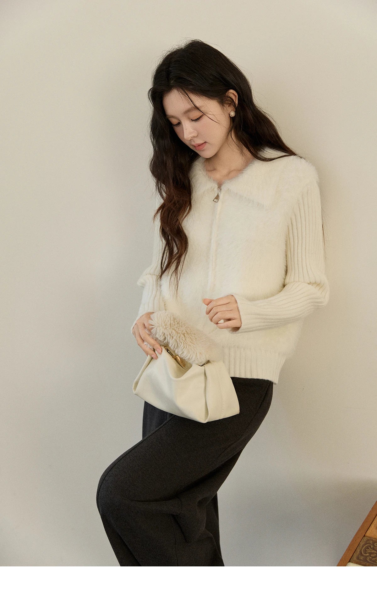 Mishow White Faux Fur Fake Two-Piece Zipper Cardigan MXE94Z2992