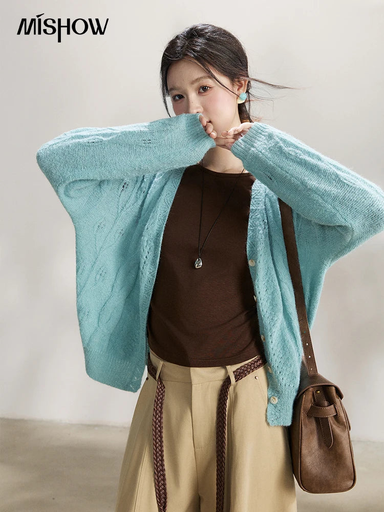 Mishow Blue Hollow Out V-Neck Wool Cardigan MXF13Z2975