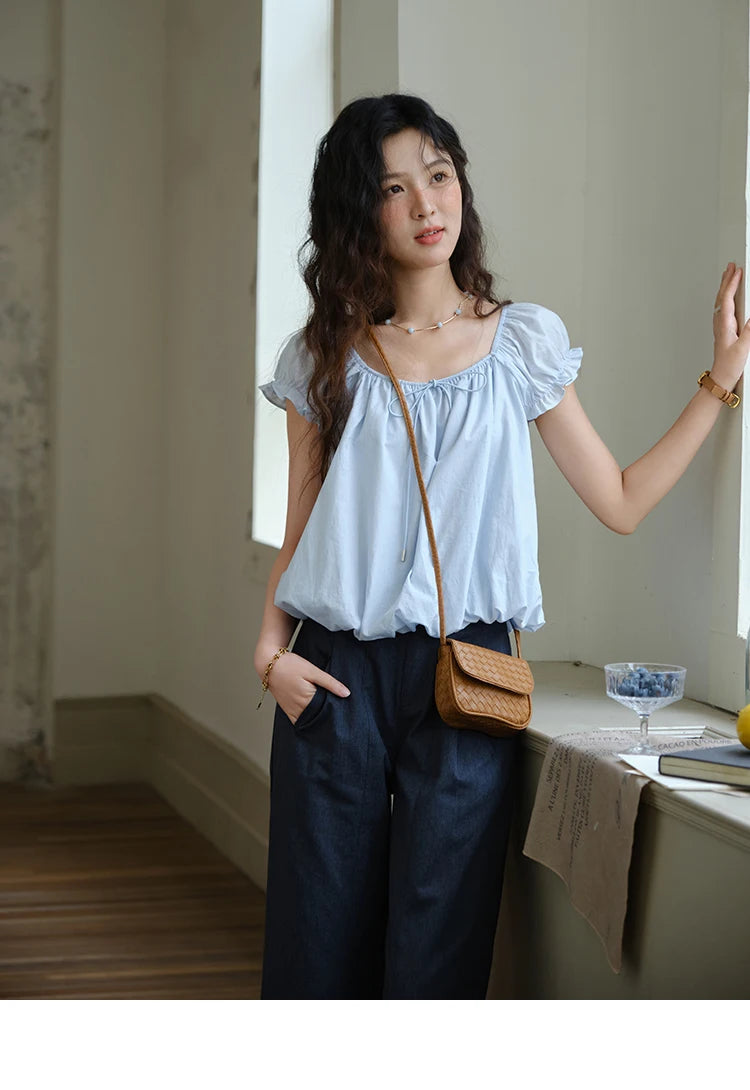 MISHOW Cotton Blouse Puff Sleeve Lace Up O-Neck MXE37X1893