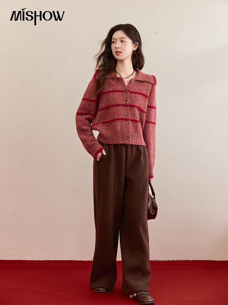 Mishow Red Striped Large Lapel Fleece Cardigan MXE94Z2888