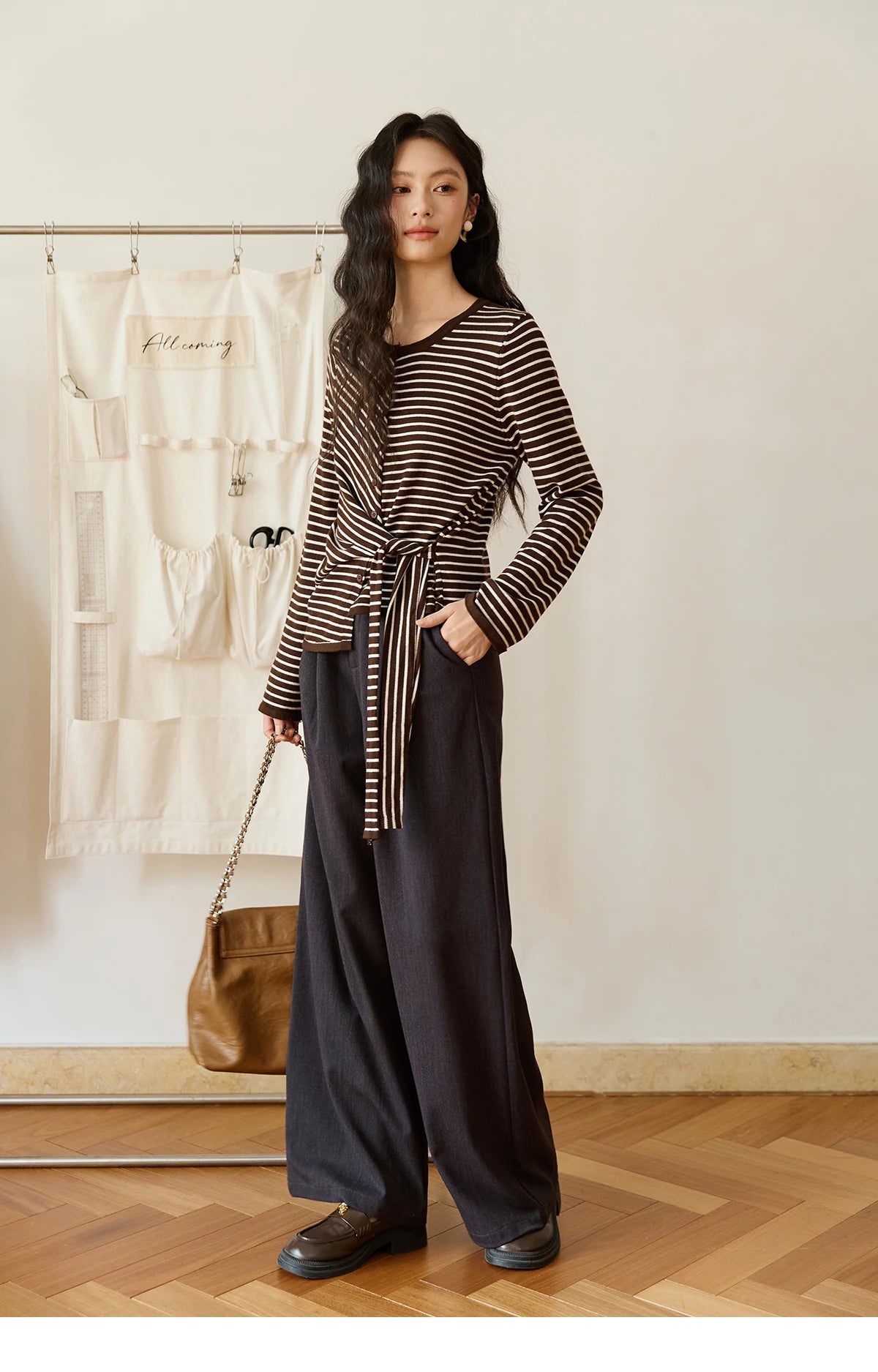Mishow Coffee Striped Knitted Cardigan Sweater MXE46Z2537