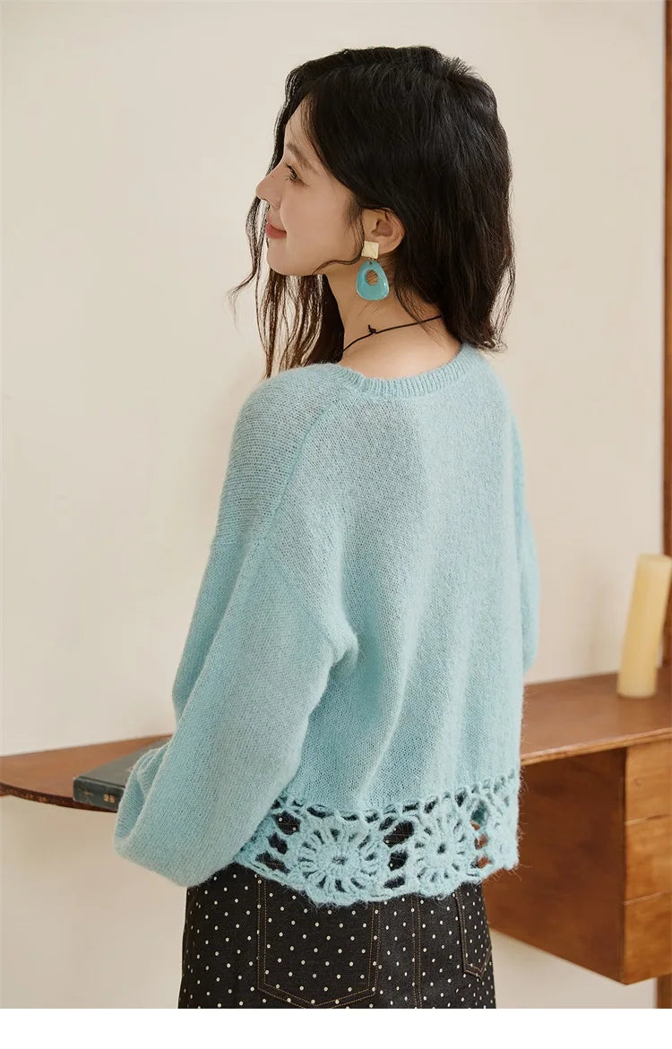 Mishow French Hollow Out Floral O-Neck Sweater MXE44Z2491