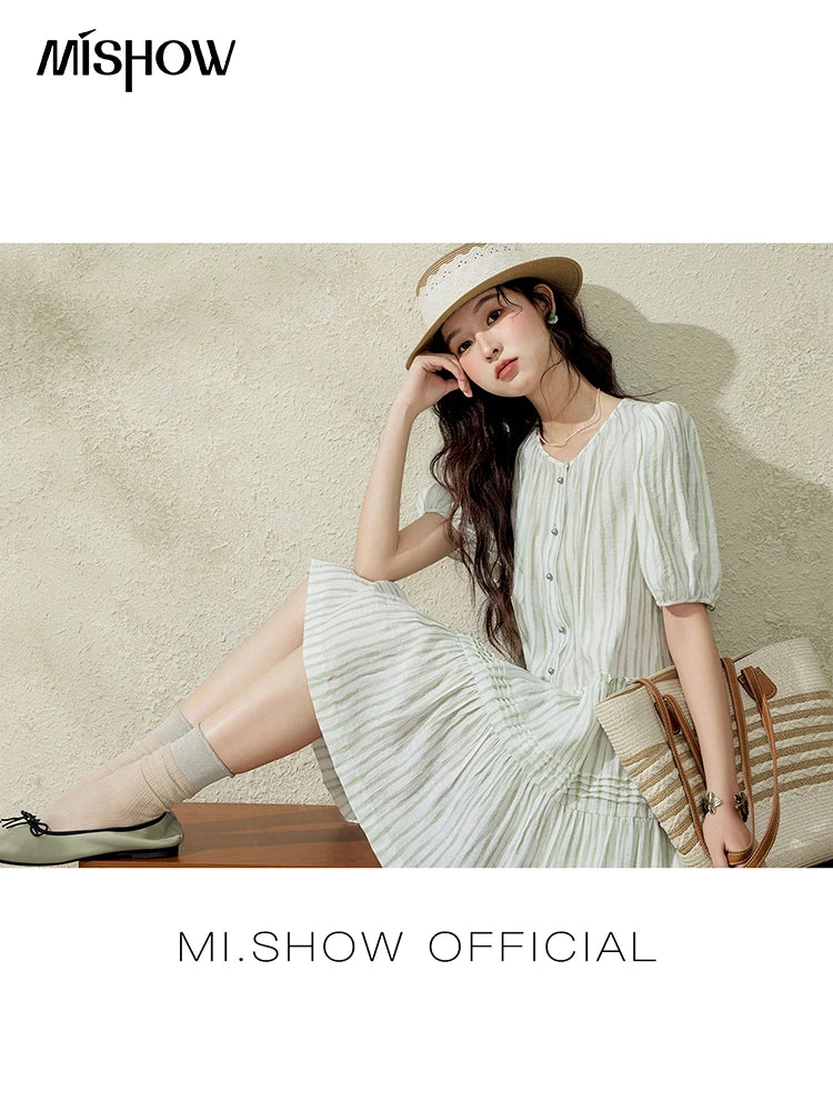 MISHOW French Green Striped Puff Sleeve Dress MXE15L2141